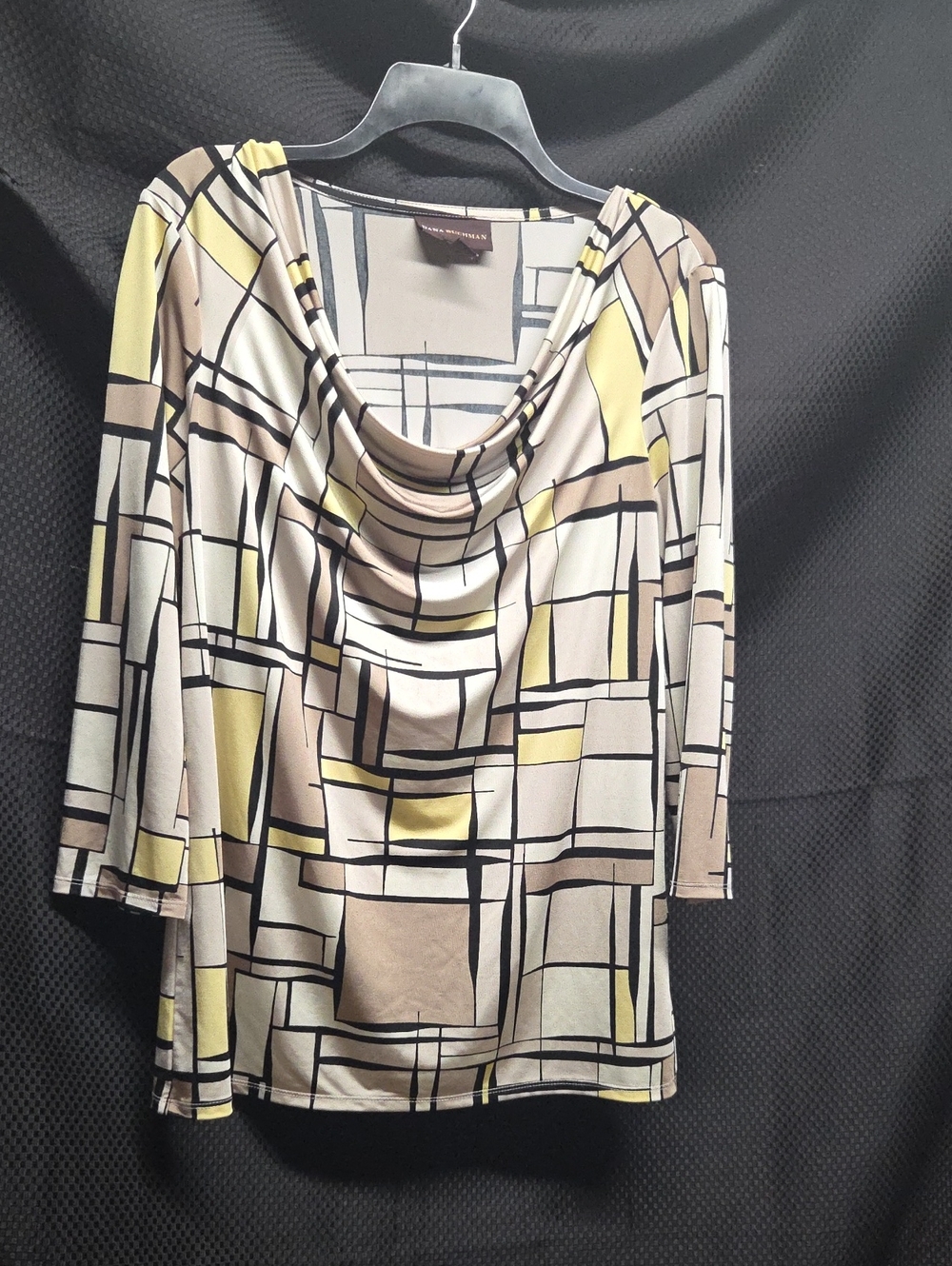 Dana Buchman Geometric Cowl Neck Long Sleeve Top in Beige, Yellow, Black